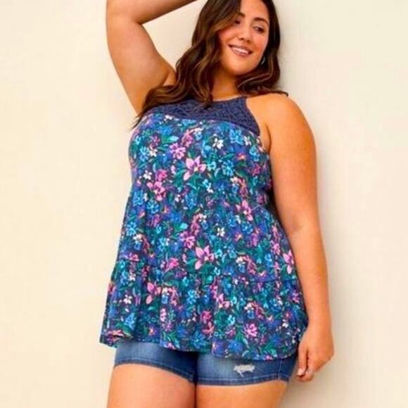 Torrid NWT Blue Floral Goddess Tiered Crochet Top Size 2X - Picture 1 of 10